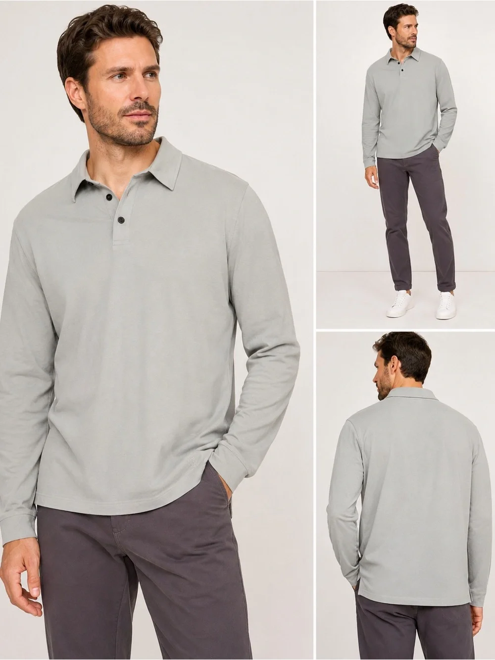 Banana Republic Men's Long-Sleeve Polo Shirt - Light Gray XXL